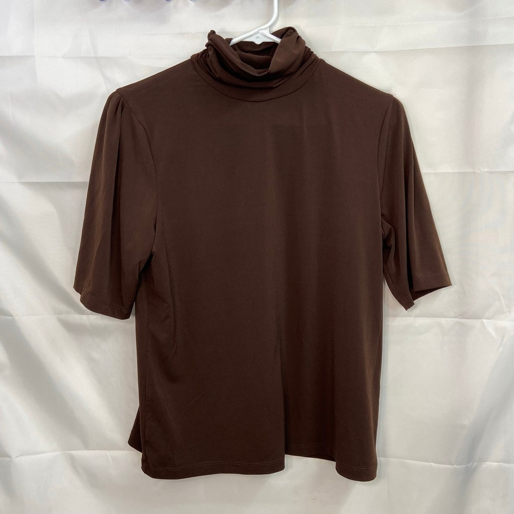 Rafaella women's brown cinched mock neck stretch lightweight neutral basic shirt